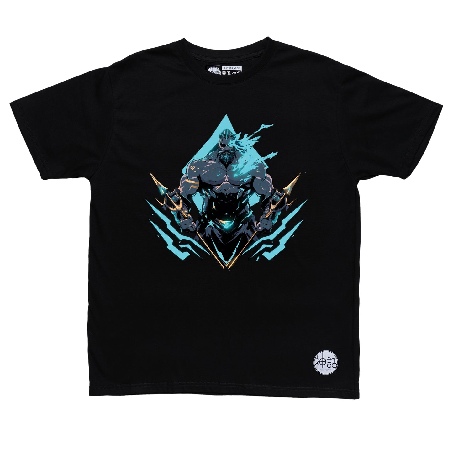 Majestic Poseidon seated on sea throne, trident in both hands, waves crashing below on black t-shirt by Shinwa, streetwear brand from the Philippines