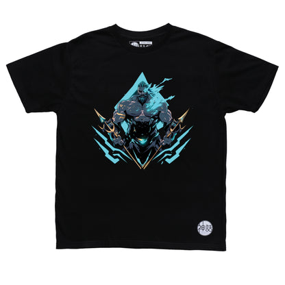 Majestic Poseidon seated on sea throne, trident in both hands, waves crashing below on black t-shirt by Shinwa, streetwear brand from the Philippines