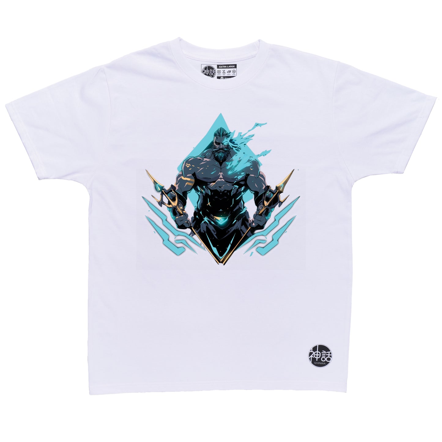Majestic Poseidon seated on sea throne, trident in both hands, waves crashing below on white t-shirt by Shinwa, streetwear brand from the Philippines