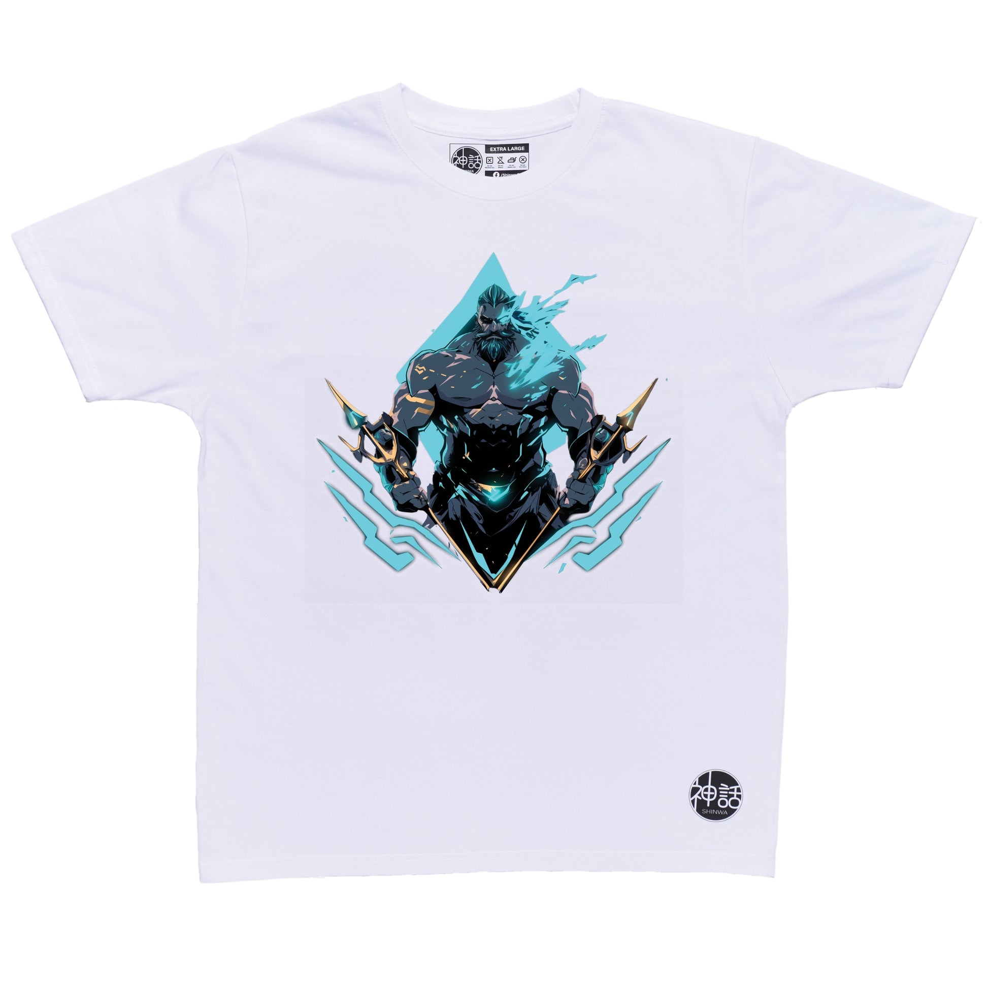 Majestic Poseidon seated on sea throne, trident in both hands, waves crashing below on white t-shirt by Shinwa, streetwear brand from the Philippines