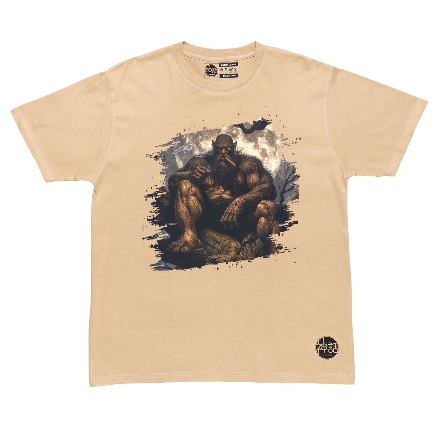traditional kapre sitting on tree root with cigar in mouth staring at camera on beige t-shirt by Shinwa, streetwear brand from the Philippines