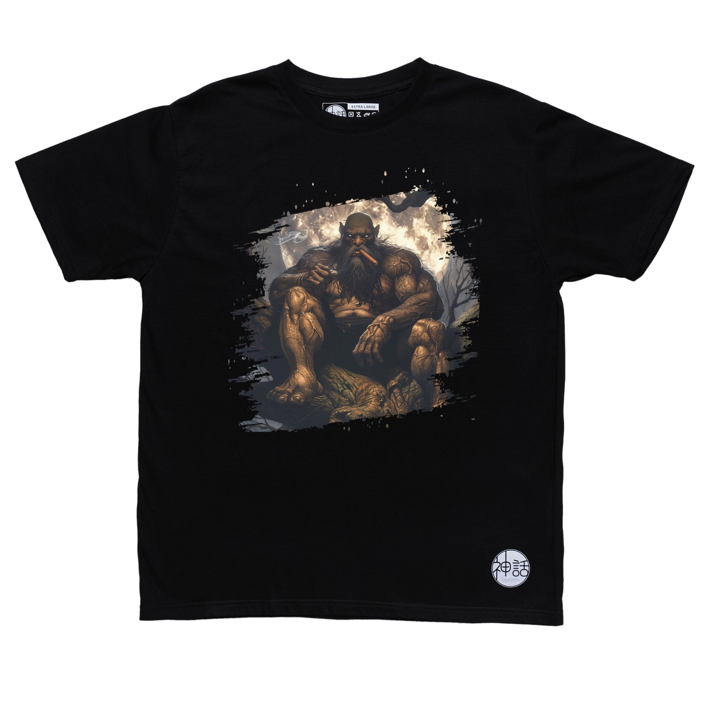 traditional kapre sitting on tree root with cigar in mouth staring at camera on black t-shirt by Shinwa, streetwear brand from the Philippines