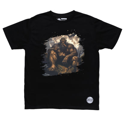 traditional kapre sitting on tree root with cigar in mouth staring at camera on black t-shirt by Shinwa, streetwear brand from the Philippines