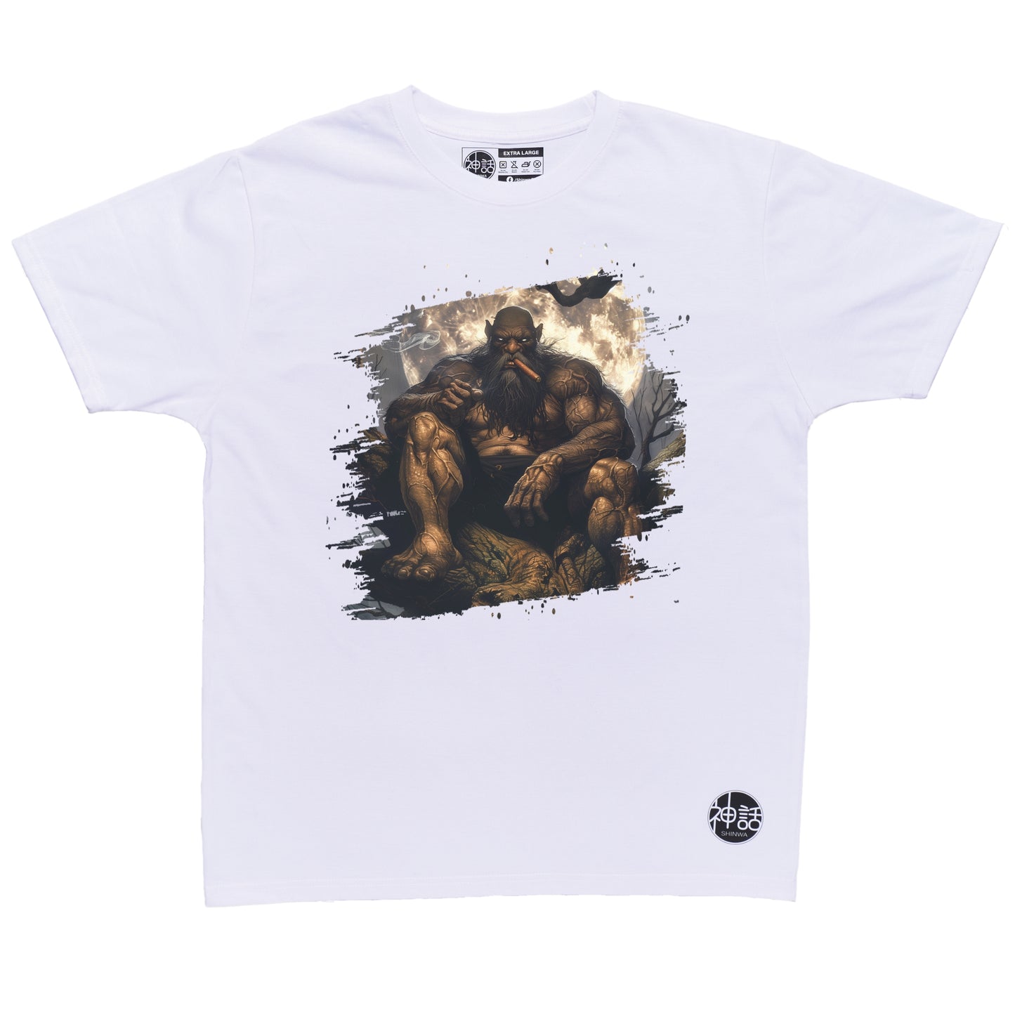 traditional kapre sitting on tree root with cigar in mouth staring at camera on white t-shirt by Shinwa, streetwear brand from the Philippines