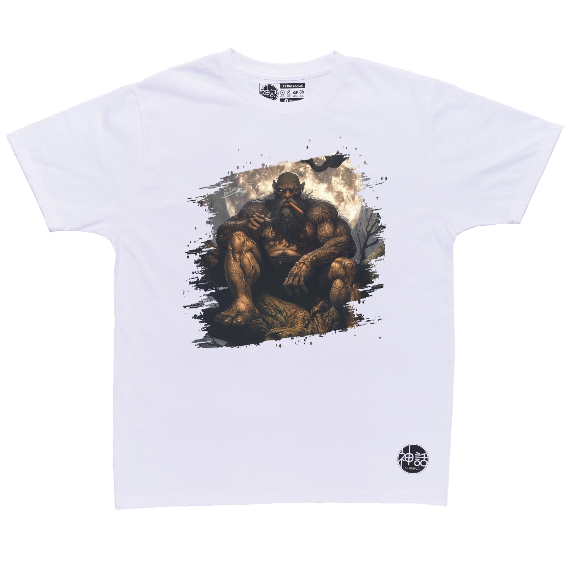 traditional kapre sitting on tree root with cigar in mouth staring at camera on white t-shirt by Shinwa, streetwear brand from the Philippines