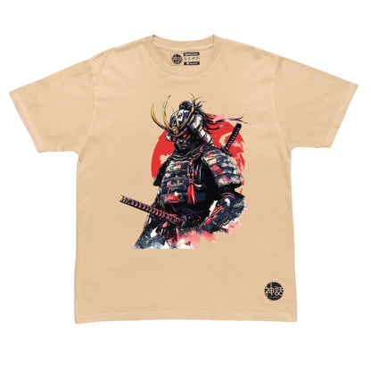 demon samurai with twin swords striking a pose on beige t-shirt by Shinwa, streetwear brand from the Philippines