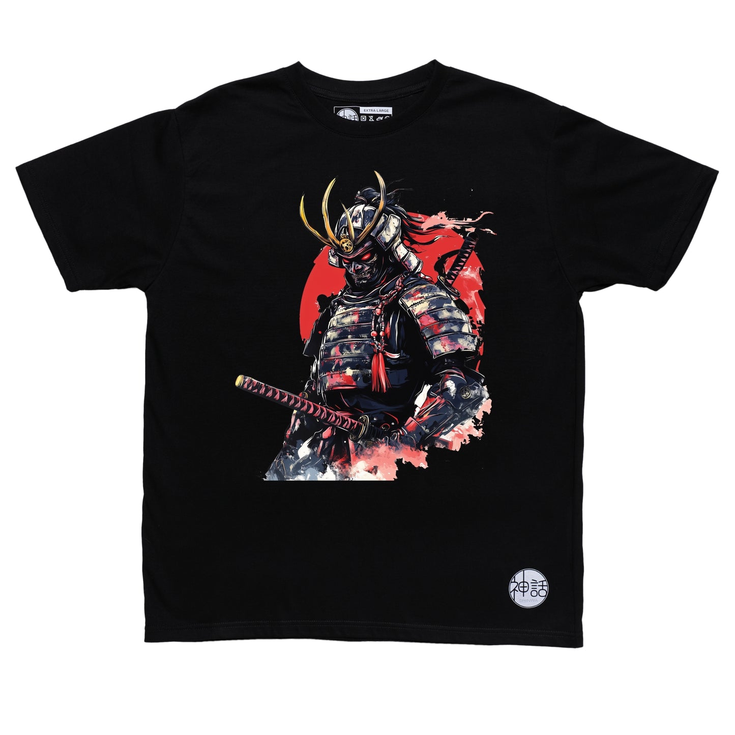 demon samurai with twin swords striking a pose on black t-shirt by Shinwa, streetwear brand from the Philippines