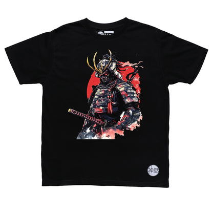 demon samurai with twin swords striking a pose on black t-shirt by Shinwa, streetwear brand from the Philippines