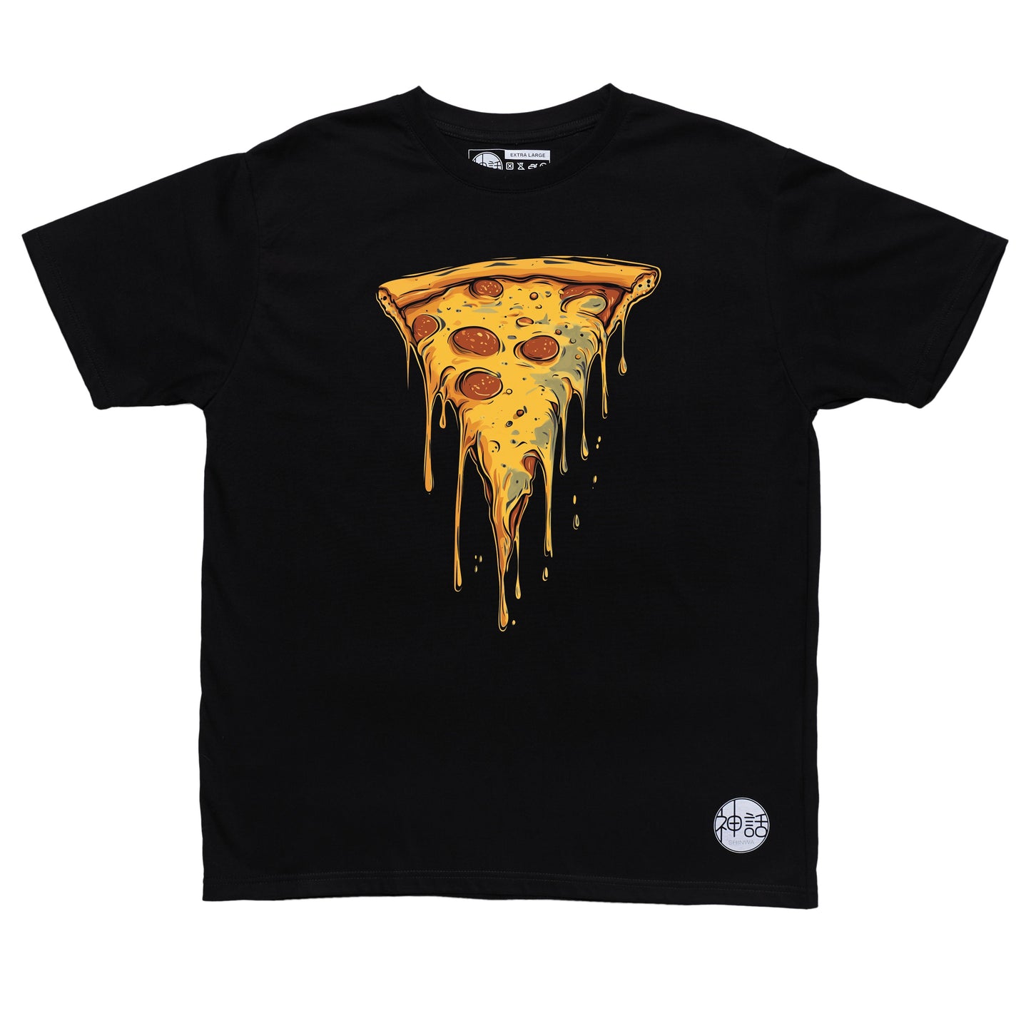 pizza graphic in black t-shirt by Shinwa, streetwear brand from the Philippines