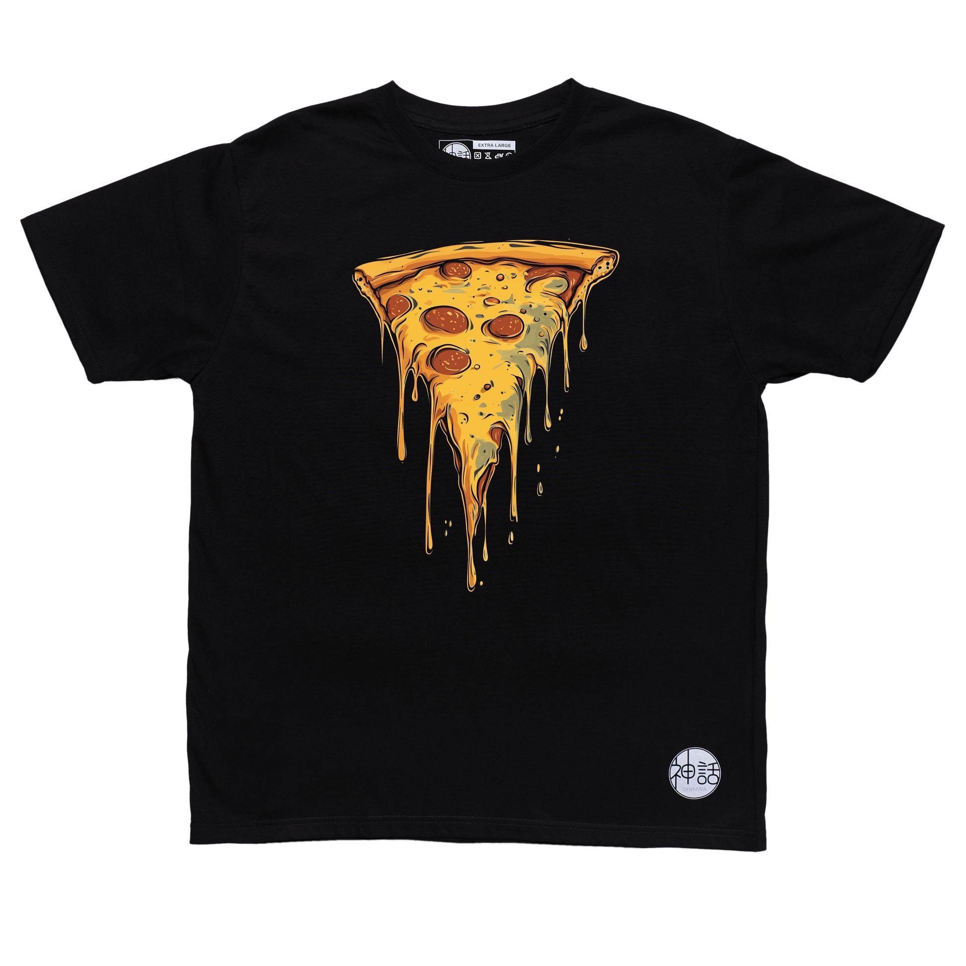 pizza graphic in black t-shirt by Shinwa, streetwear brand from the Philippines