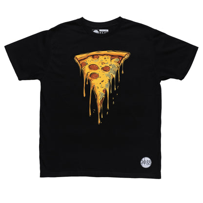 pizza graphic in black t-shirt by Shinwa, streetwear brand from the Philippines