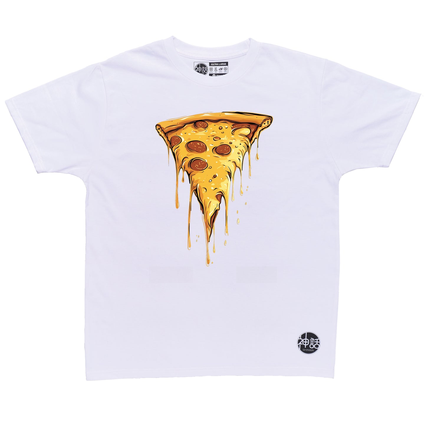 pizza graphic in white t-shirt by Shinwa, streetwear brand from the Philippines