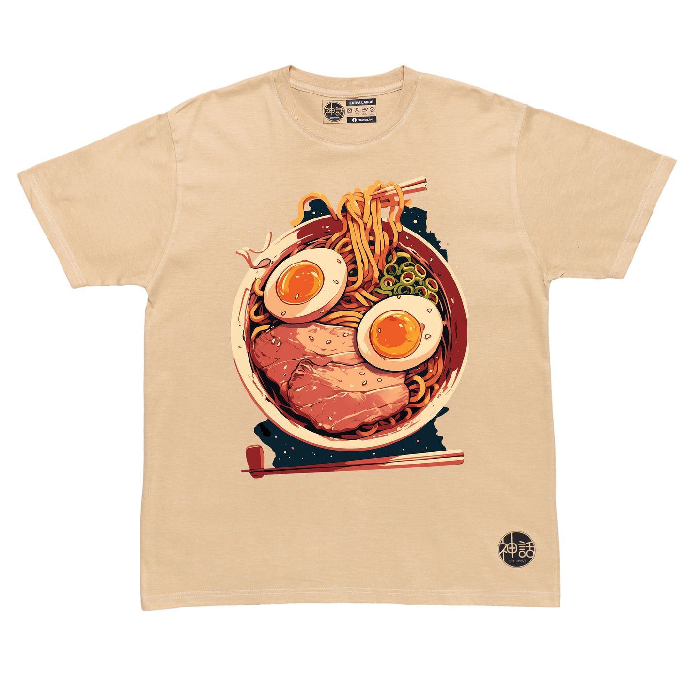 graphic bowl of ramen illustration on beige t-shirt by Shinwa, streetwear brand from the Philippines