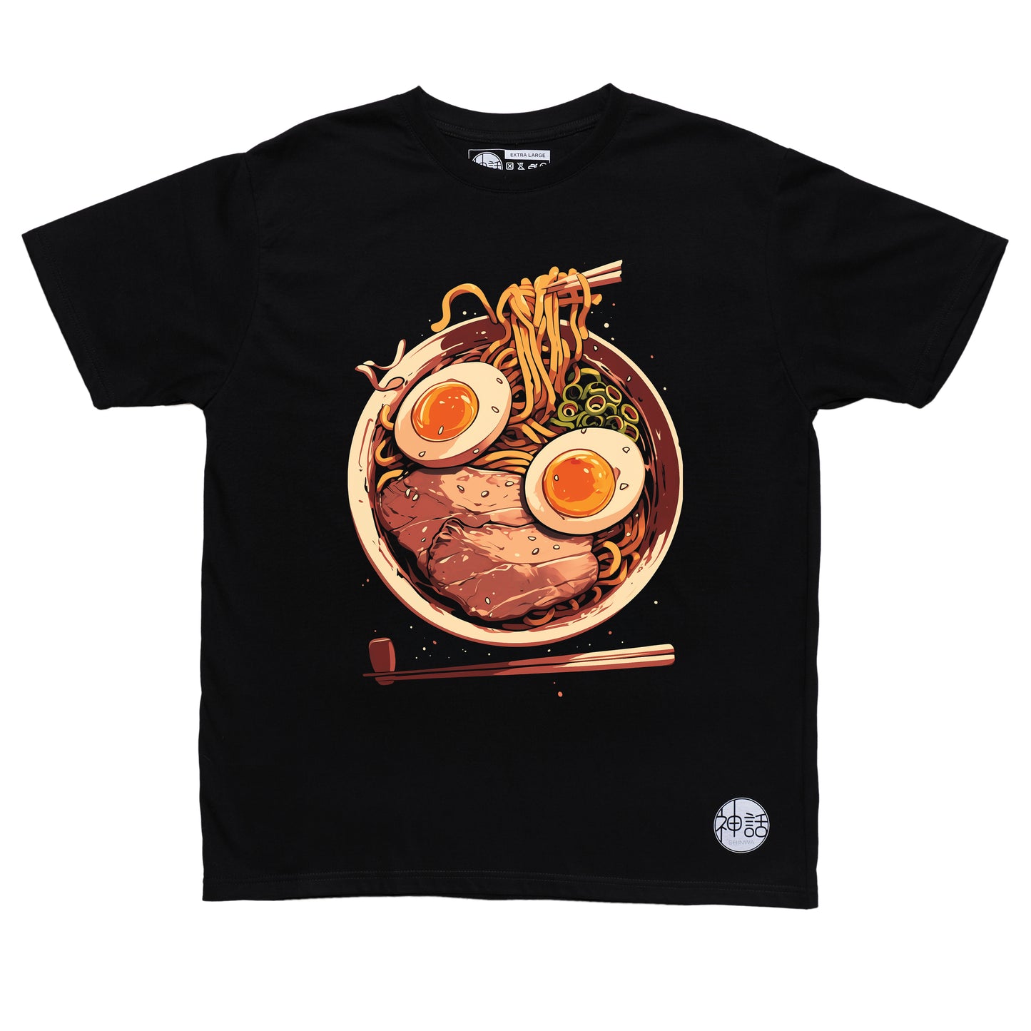 graphic bowl of ramen illustration on black t-shirt by Shinwa, streetwear brand from the Philippines