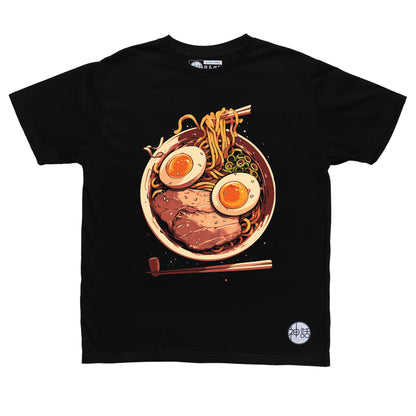 graphic bowl of ramen illustration on black t-shirt by Shinwa, streetwear brand from the Philippines
