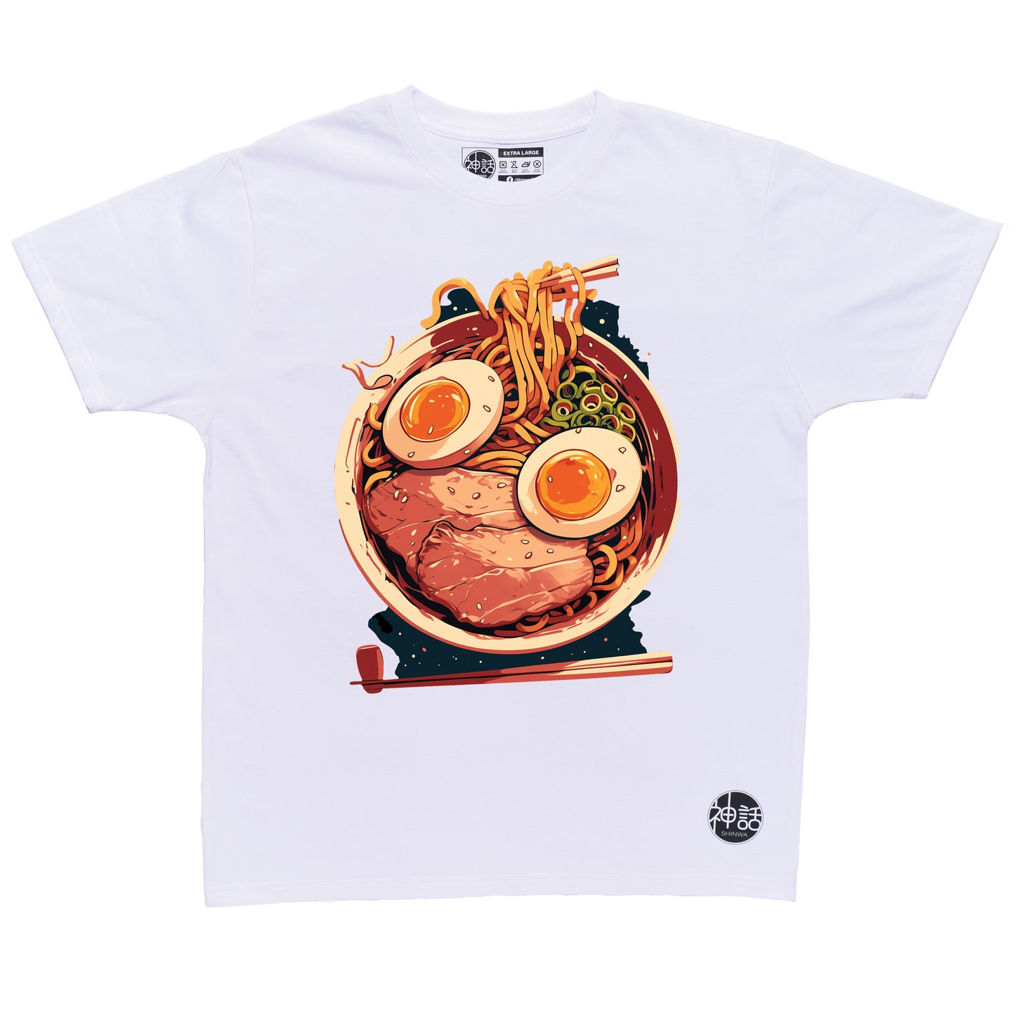 graphic bowl of ramen illustration on white t-shirt by Shinwa, streetwear brand from the Philippines