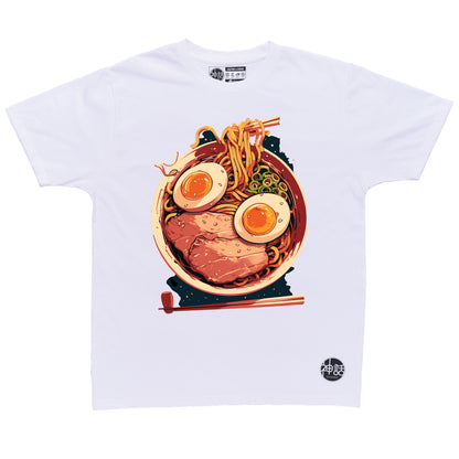 graphic bowl of ramen illustration on white t-shirt by Shinwa, streetwear brand from the Philippines