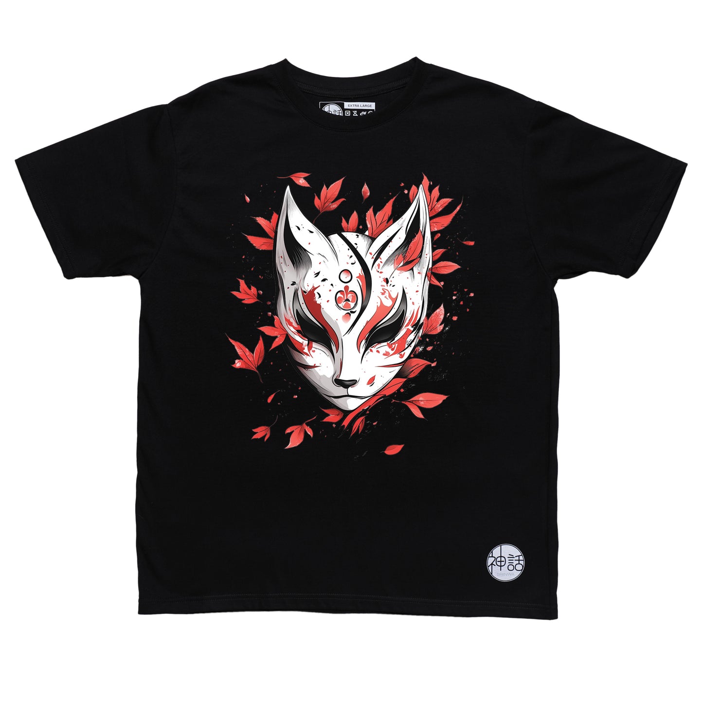 kitsune fox mask with red maple leaf background in black t-shirt by Shinwa, streetwear brand from the Philippines