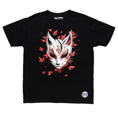 kitsune fox mask with red maple leaf background in black t-shirt by Shinwa, streetwear brand from the Philippines