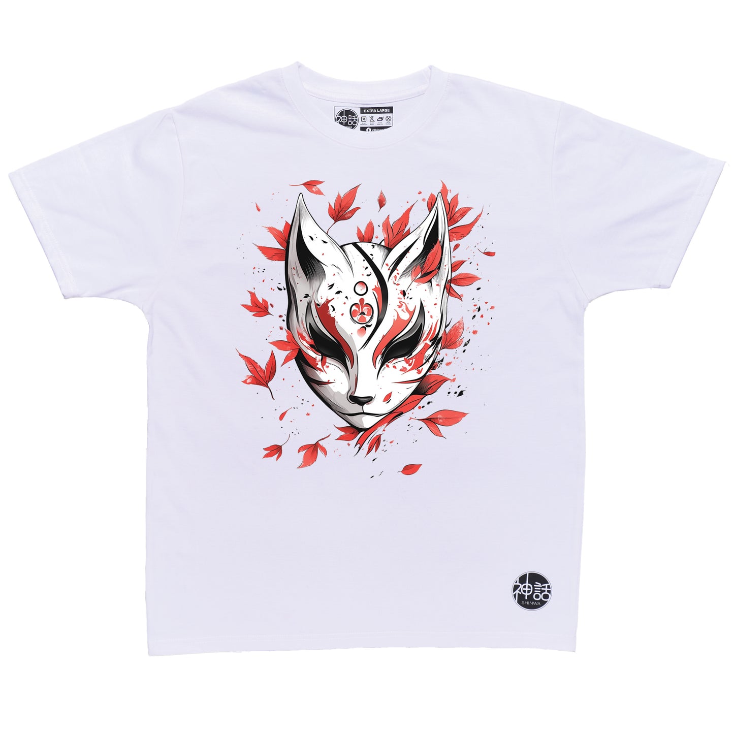 kitsune fox mask with red maple leaf background in white t-shirt by Shinwa, streetwear brand from the Philippines