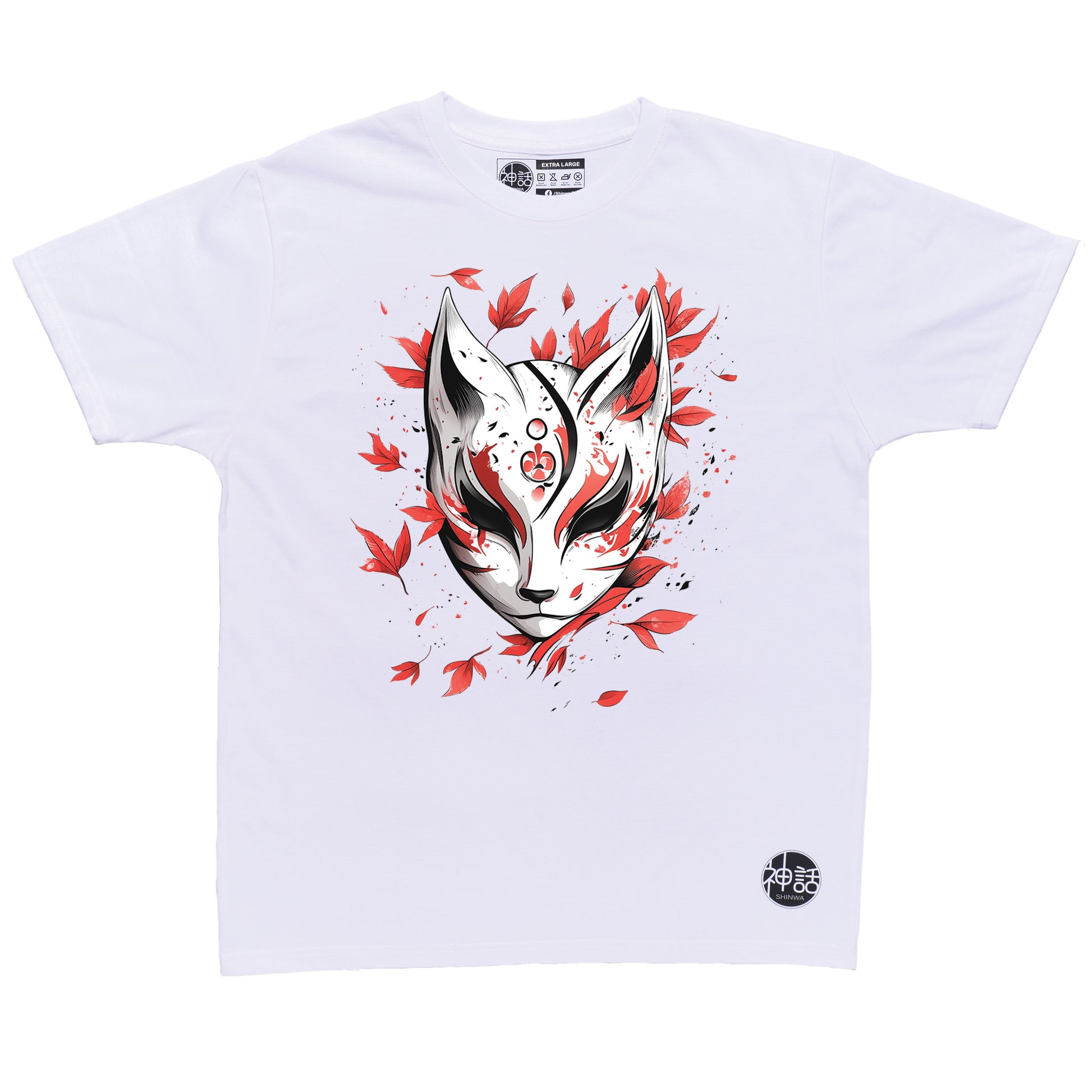 kitsune fox mask with red maple leaf background in white t-shirt by Shinwa, streetwear brand from the Philippines