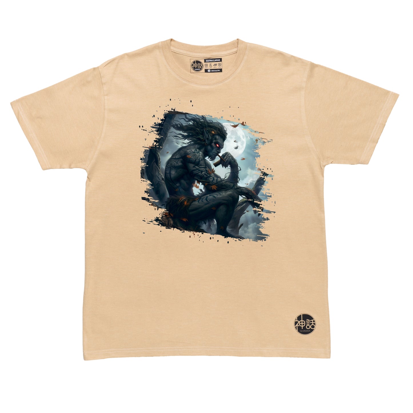 demon-like humanoid kapre sitting on tree branch with cigar on beige t-shirt by Shinwa, streetwear brand from the Philippines