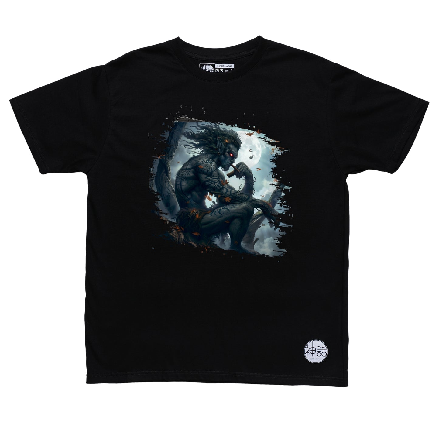 demon-like humanoid kapre sitting on tree branch with cigar on black t-shirt by Shinwa, streetwear brand from the Philippines