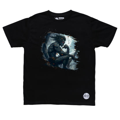 demon-like humanoid kapre sitting on tree branch with cigar on black t-shirt by Shinwa, streetwear brand from the Philippines