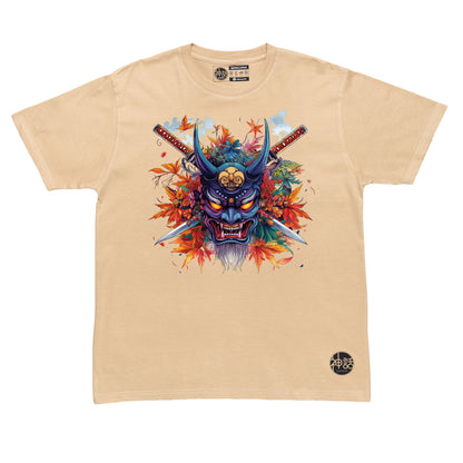 colorful blue oni mask with orange eyes and fangs, crossed swords and autumn leaves on beige  t-shirt by Shinwa, streetwear brand from the Philippines