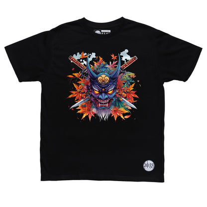 colorful blue oni mask with orange eyes and fangs, crossed swords and autumn leaves on black t-shirt by Shinwa, streetwear brand from the Philippines