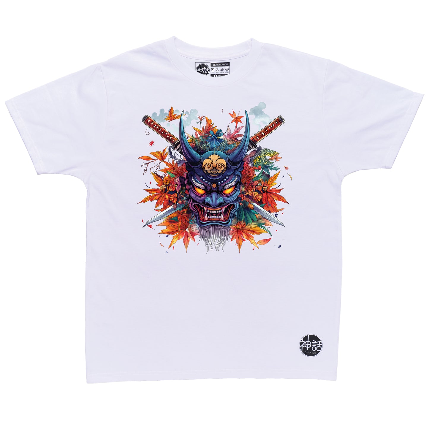 colorful blue oni mask with orange eyes and fangs, crossed swords and autumn leaves on white t-shirt by Shinwa, streetwear brand from the Philippines