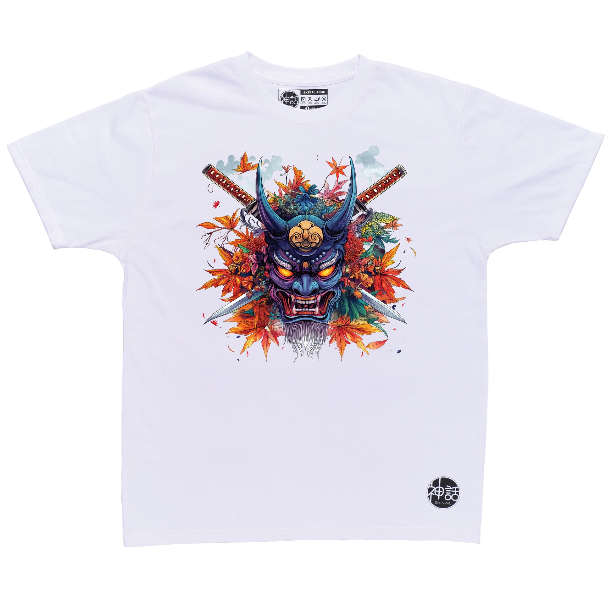 colorful blue oni mask with orange eyes and fangs, crossed swords and autumn leaves on white t-shirt by Shinwa, streetwear brand from the Philippines