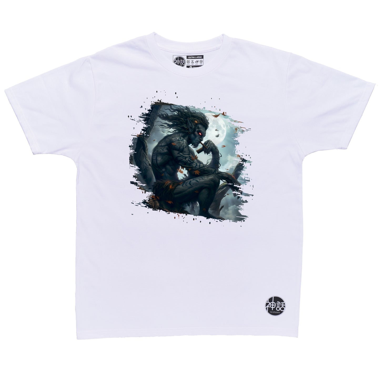 demon-like humanoid kapre sitting on tree branch with cigar on white t-shirt by Shinwa, streetwear brand from the Philippines