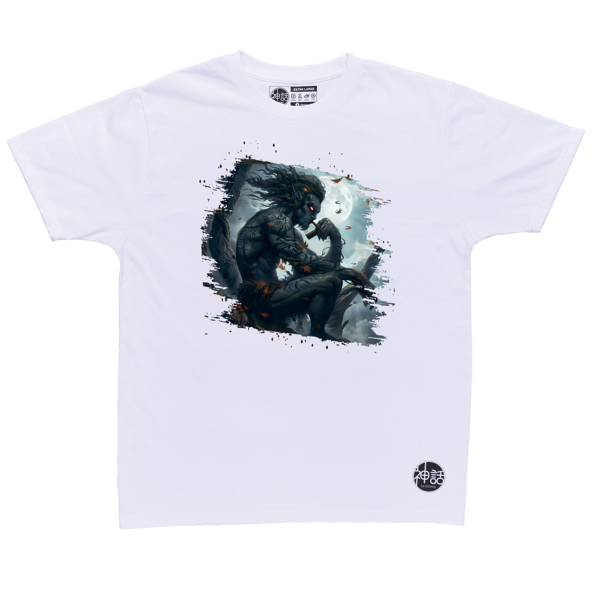 demon-like humanoid kapre sitting on tree branch with cigar on white t-shirt by Shinwa, streetwear brand from the Philippines