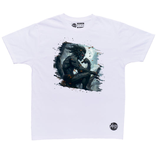 demon-like humanoid kapre sitting on tree branch with cigar on white t-shirt by Shinwa, streetwear brand from the Philippines