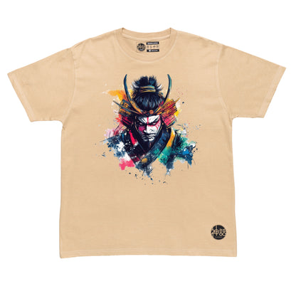 face-painted samurai staring menacingly with oil paint splashes on beige t-shirt by Shinwa, streetwear brand from the Philippines