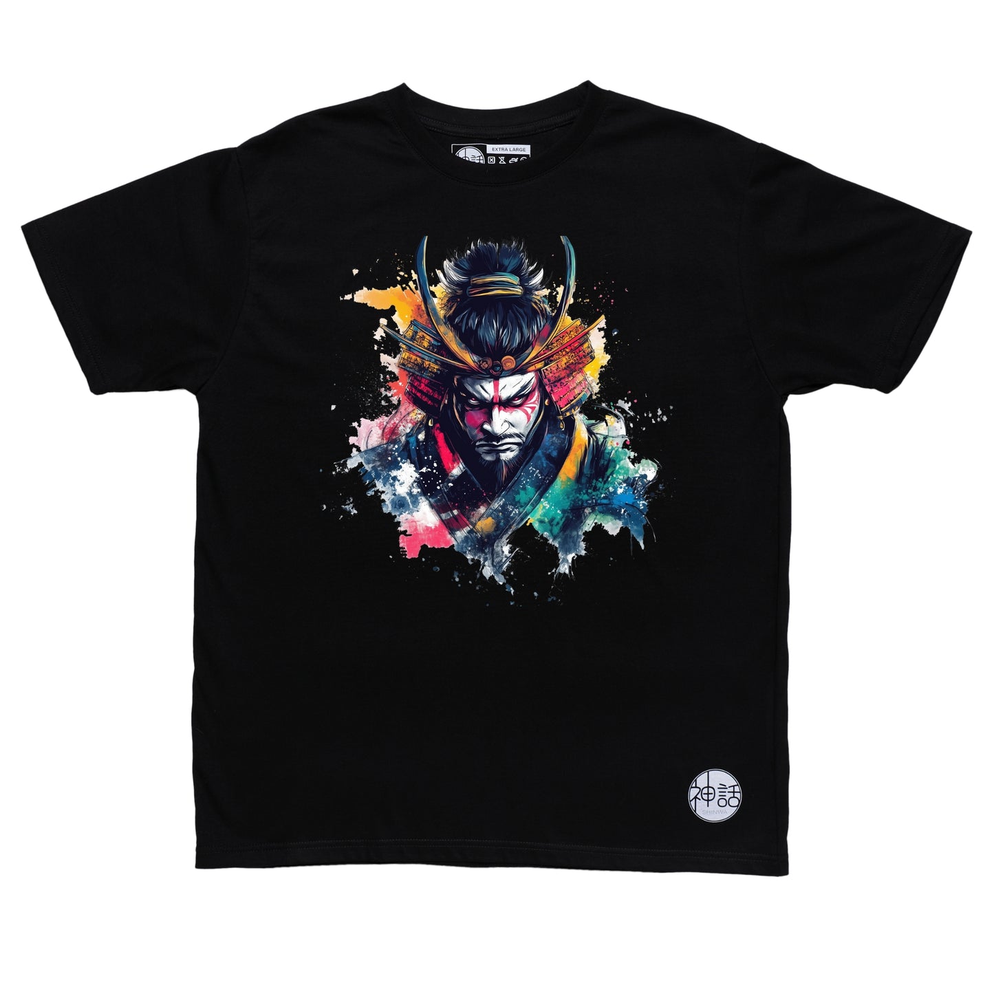 face-painted samurai staring menacingly with oil paint splashes on black t-shirt by Shinwa, streetwear brand from the Philippines