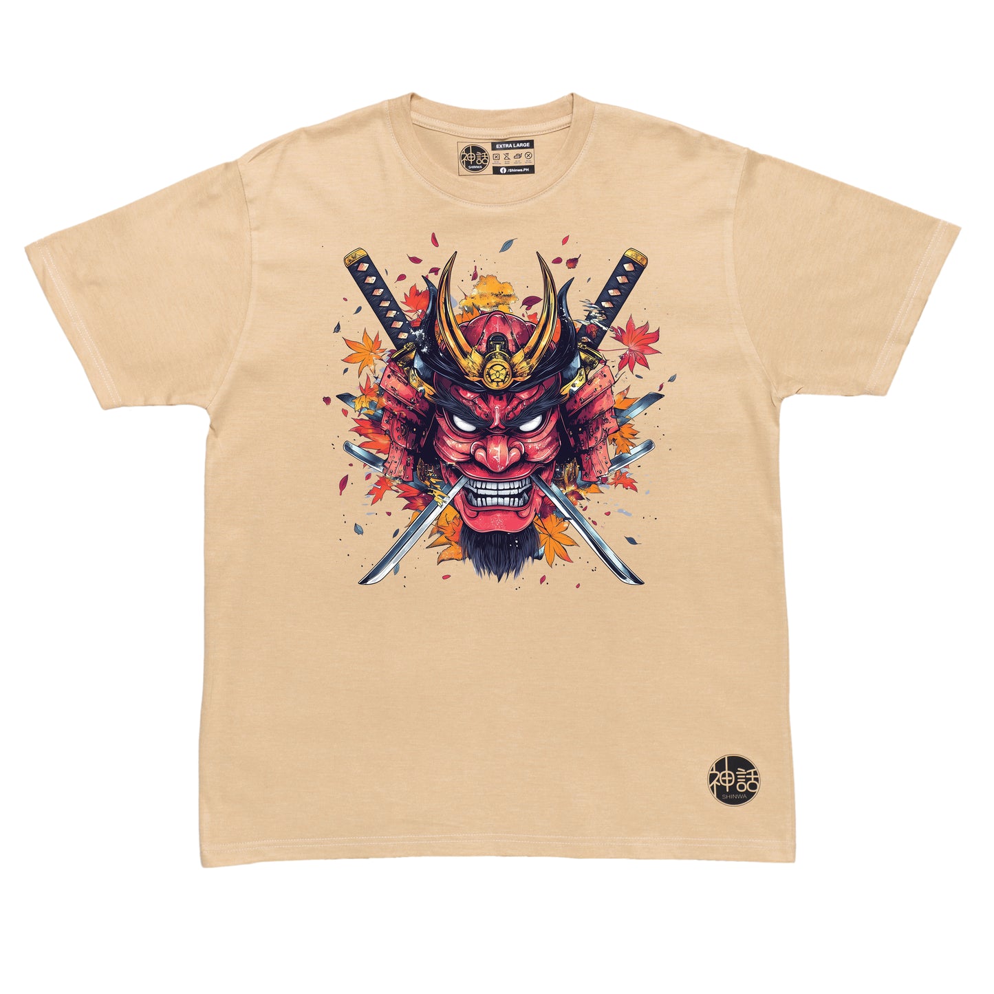 red samurai oni mask with crossed swords and autumn leaves on beige t-shirt by Shinwa, streetwear brand from the Philippines