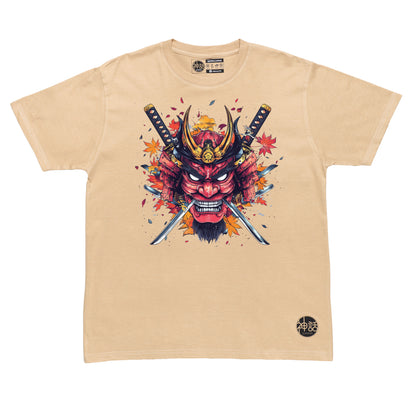 red samurai oni mask with crossed swords and autumn leaves on beige t-shirt by Shinwa, streetwear brand from the Philippines