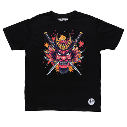 red samurai oni mask with crossed swords and autumn leaves on black t-shirt by Shinwa, streetwear brand from the Philippines