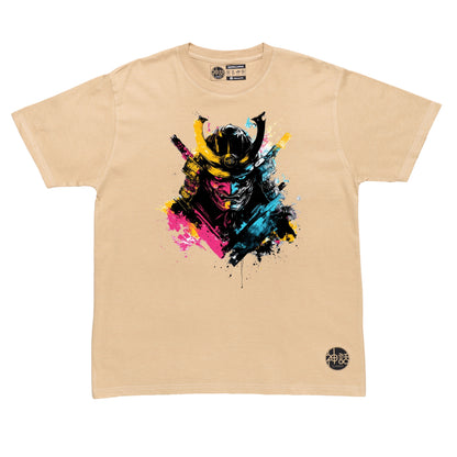 painted blue and pink demon samurai bust baring fangs with splatter background on beige t-shirt by Shinwa, streetwear brand from the Philippines