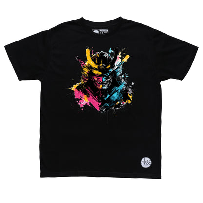 painted blue and pink demon samurai bust baring fangs with splatter background on black t-shirt by Shinwa, streetwear brand from the Philippines