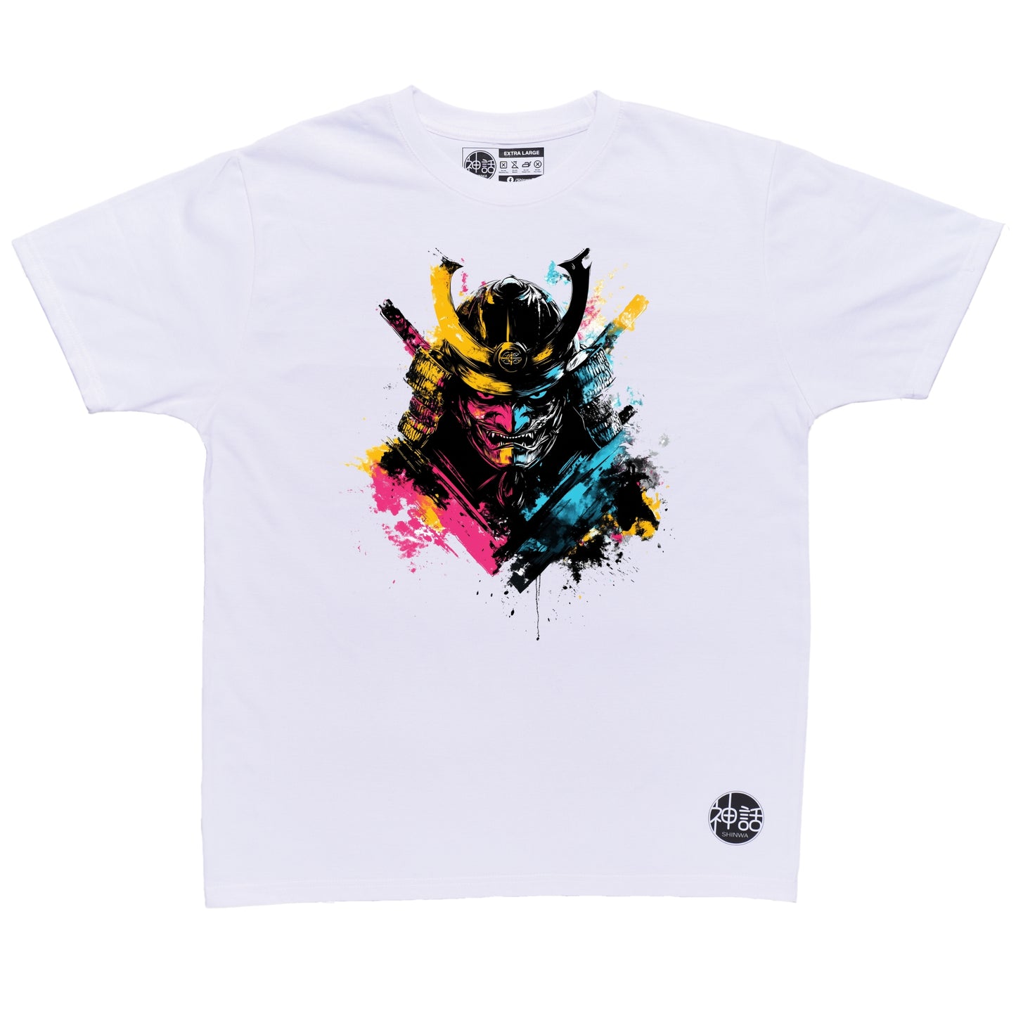 painted blue and pink demon samurai bust baring fangs with splatter background on white t-shirt by Shinwa, streetwear brand from the Philippines