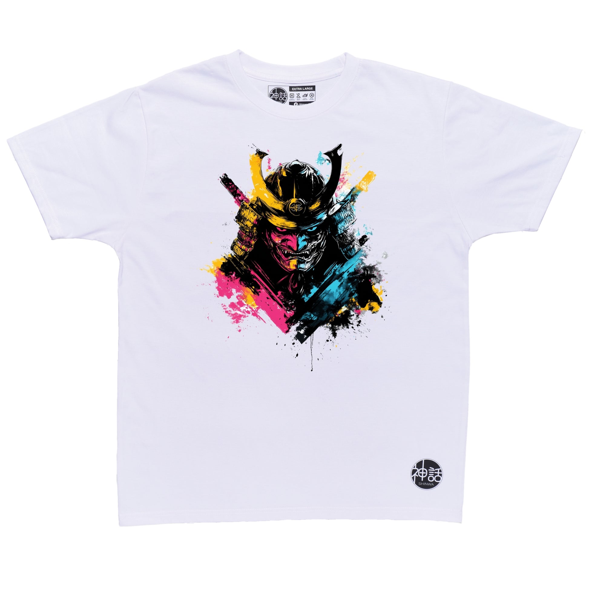painted blue and pink demon samurai bust baring fangs with splatter background on white t-shirt by Shinwa, streetwear brand from the Philippines