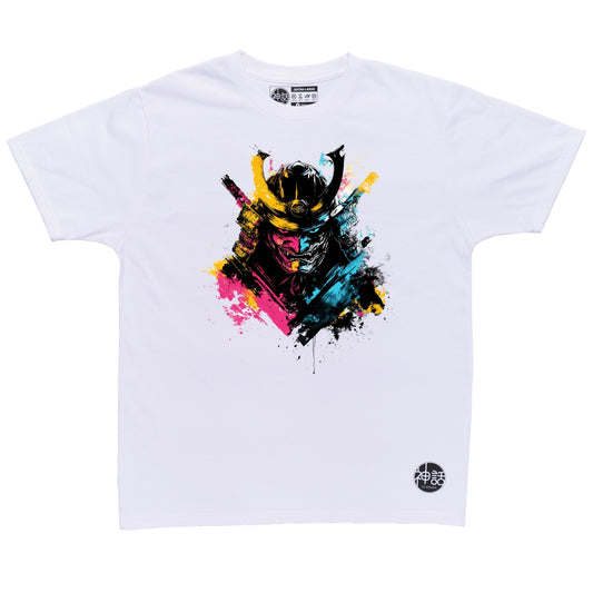 painted blue and pink demon samurai bust baring fangs with splatter background on white t-shirt by Shinwa, streetwear brand from the Philippines
