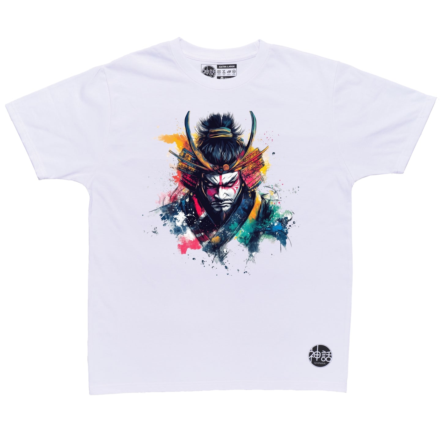 face-painted samurai staring menacingly with oil paint splashes on white t-shirt by Shinwa, streetwear brand from the Philippines