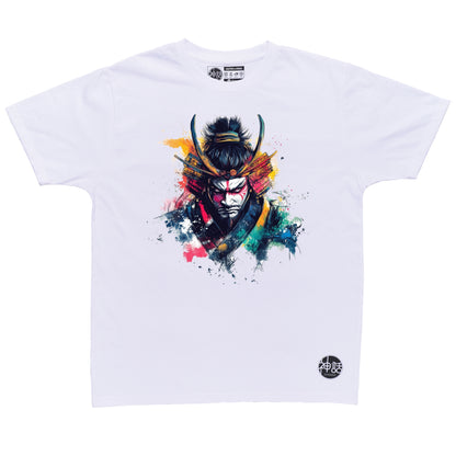 face-painted samurai staring menacingly with oil paint splashes on white t-shirt by Shinwa, streetwear brand from the Philippines