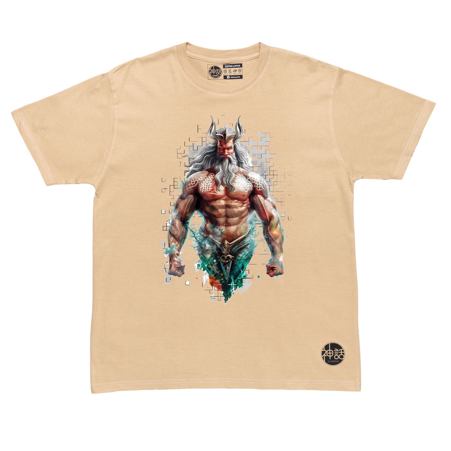 Regal Poseidon standing tall with crown, commanding the sea on beige t-shirt by Shinwa, streetwear brand from the Philippines