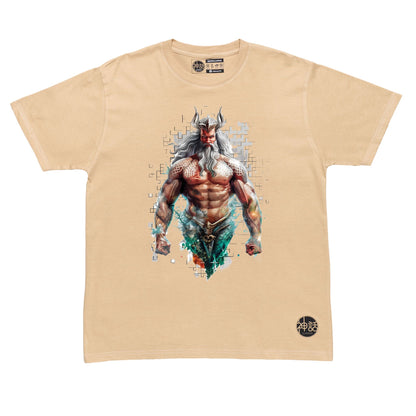 Regal Poseidon standing tall with crown, commanding the sea on beige t-shirt by Shinwa, streetwear brand from the Philippines