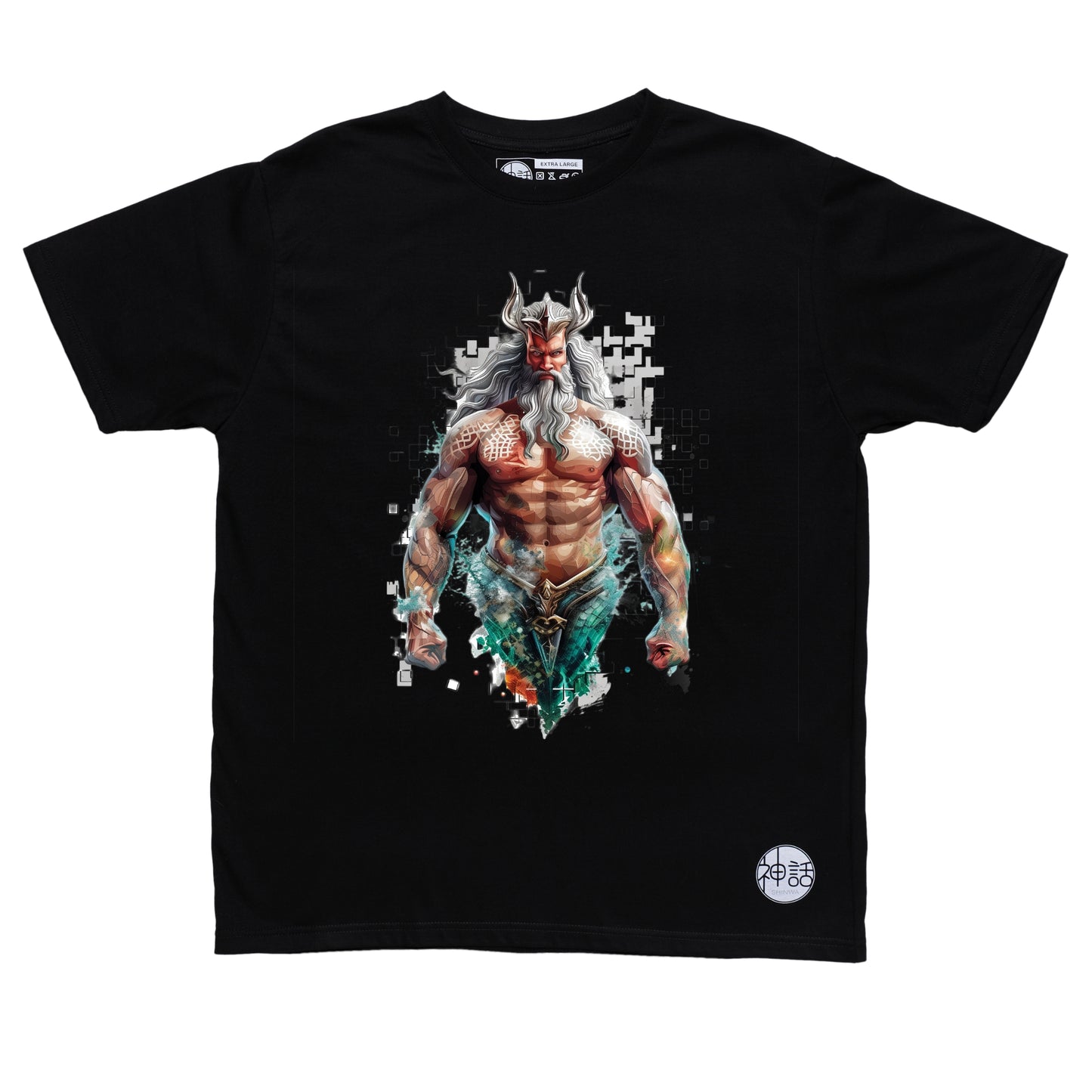 Regal Poseidon standing tall with crown, commanding the sea on black t-shirt by Shinwa, streetwear brand from the Philippines